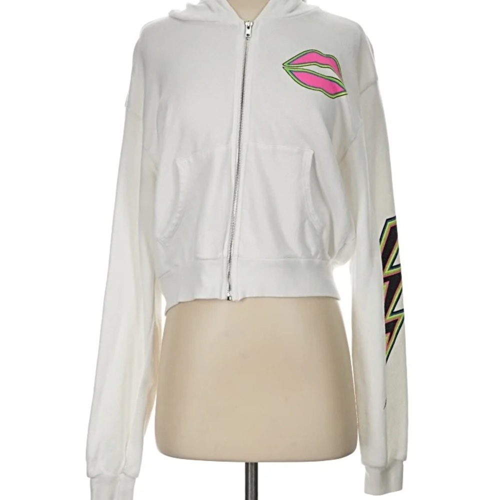 Lauren Moshi White Zip Hoodie with Pink & Green Lip Patch